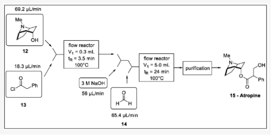 圖5 阿托品流程合成：12-托品、13-苯乙酰氯、14-甲醛、15-阿托品。