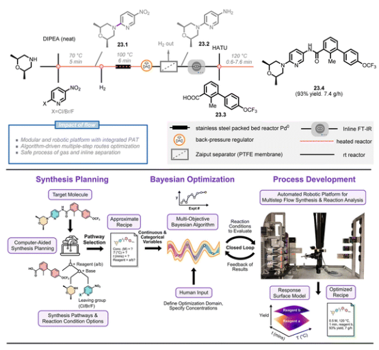 圖23 在自動化機(jī)器人平臺上貝葉斯優(yōu)化算法驅(qū)動的Sonigib多步合成的總體方法。