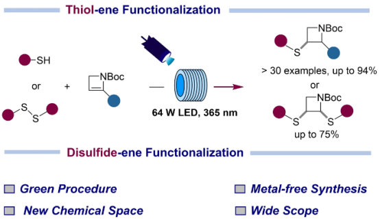 通過硫醇和二硫化物連續(xù)流光化學(xué)加成在氮雜環(huán)丁烷環(huán)上形成C-S鍵