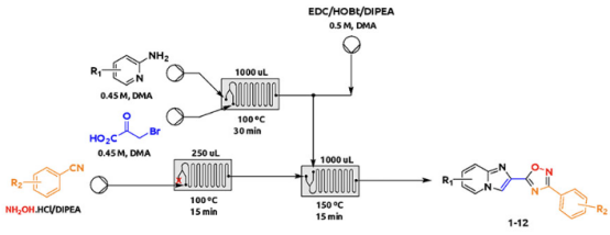 圖6.通過芳基腈和羧酸的連續(xù)微反應(yīng)器序列合成1,2,4-惡二唑